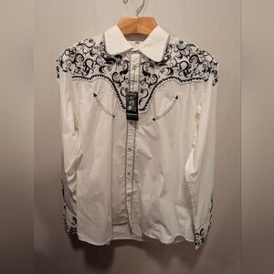 Western Style Men's Shirt Black Embroidered White NWT Size XL